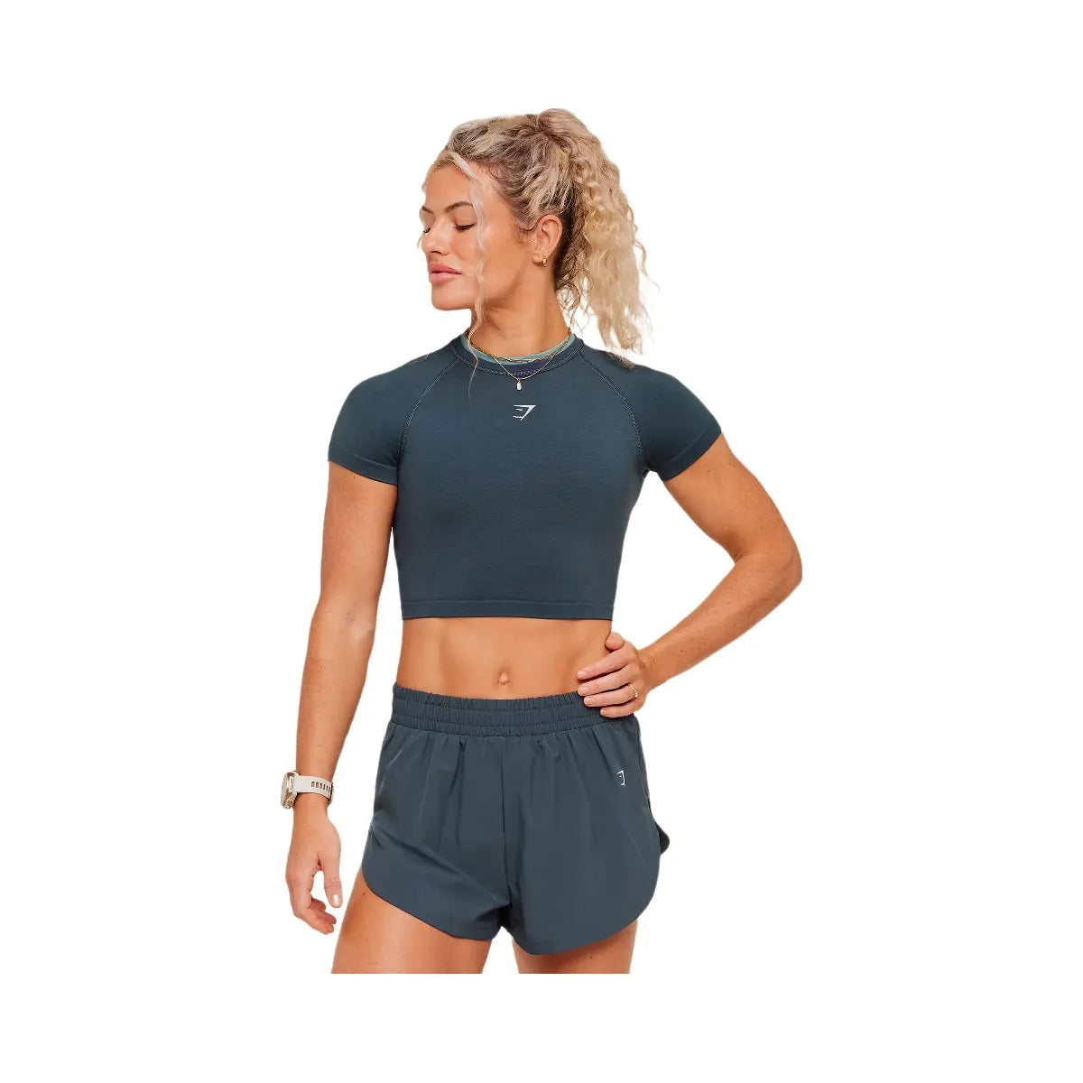 Gymshark Interval Seamless Short Sleeve Crop Top "Stealth Blue Storm Blue"