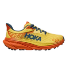 Yellow and orange Hoka running shoe with blue laces and bold side logo on a white background