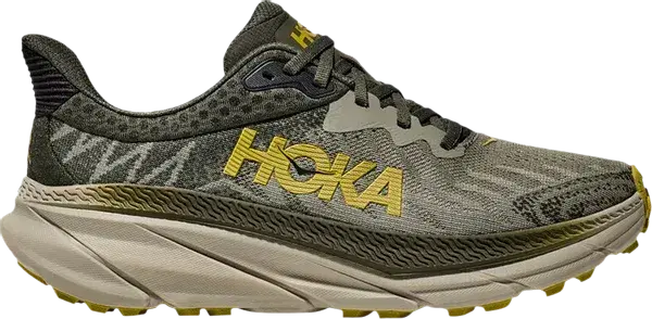 Olive green Hoka running sneaker with yellow logo, thick cushioned sole, streetwear style