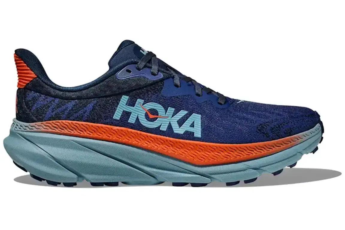 Blue and orange Hoka running sneaker with thick cushioned sole, streetwear shoe