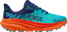 Blue and orange athletic sneaker with mesh upper and chunky sole, side logo visible