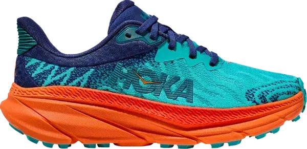 Blue and orange athletic sneaker with mesh upper and chunky sole, side logo visible