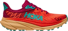 Colorful HOKA running sneaker with red, orange, teal accents and thick cushioned sole