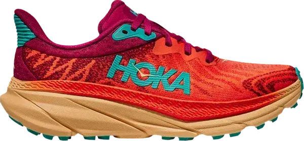 Colorful HOKA running sneaker with red, orange, teal accents and thick cushioned sole