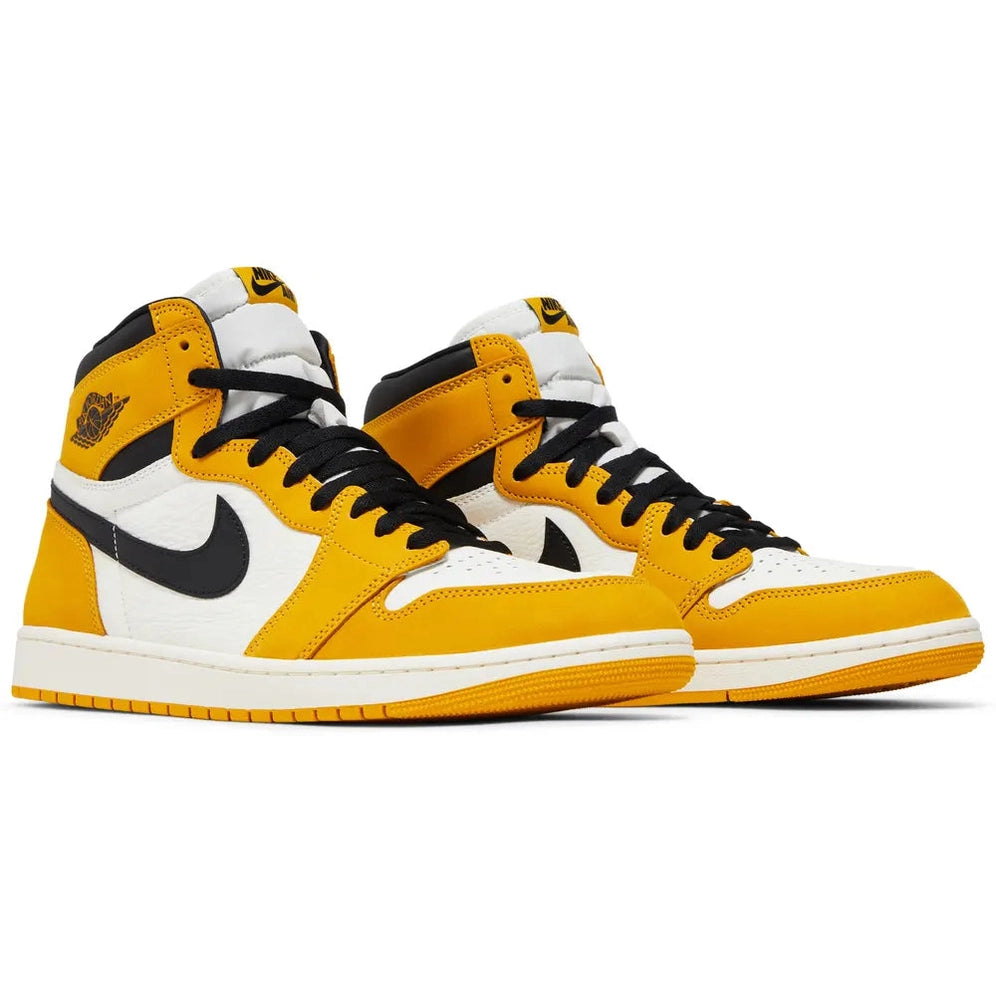 Yellow and white high top sneakers with black swoosh, black laces, and retro design