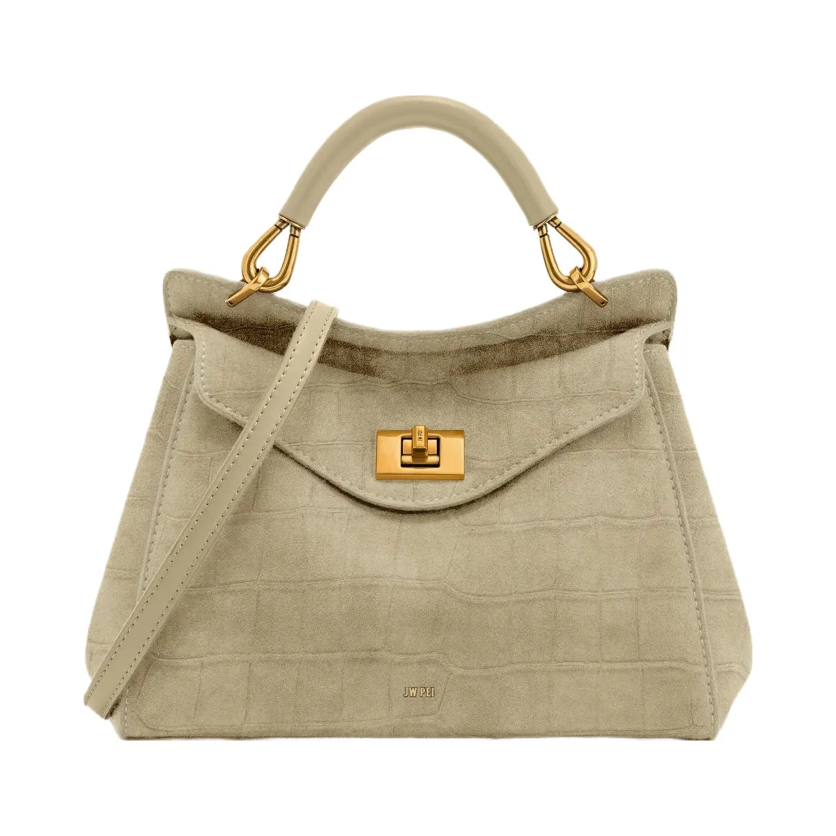 JW PEI Lucia Classic Croc Embossed Faux Suede Top Handle Bag Light Beige