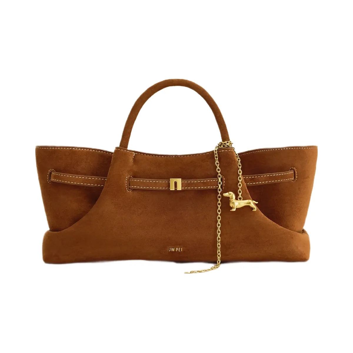 JW PEI Maeve Dachshund Metal Charm Faux Suede Tote Bag Brown