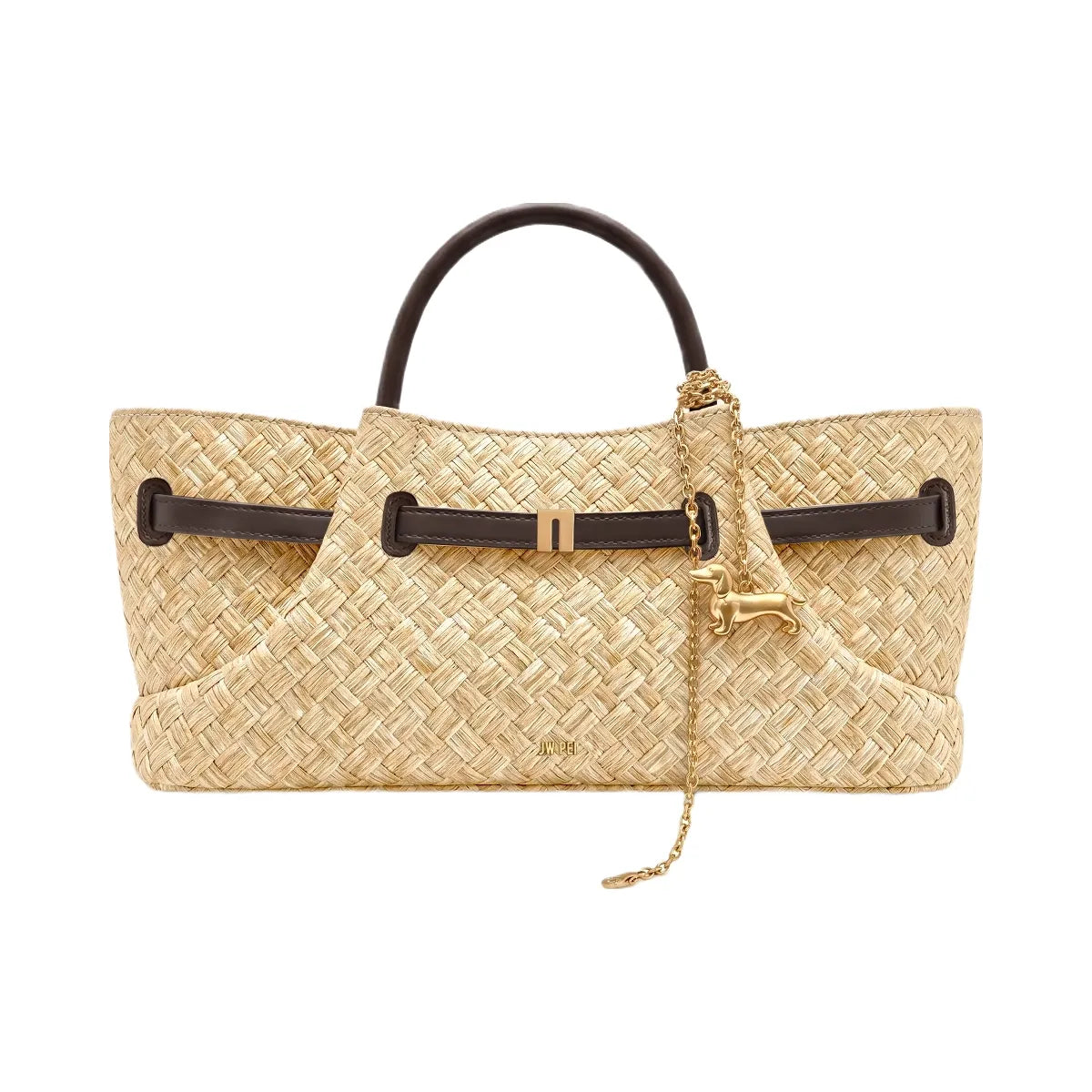 JW PEI Maeve Faux Straw Dachshund Metal Charm Tote Bag Brown