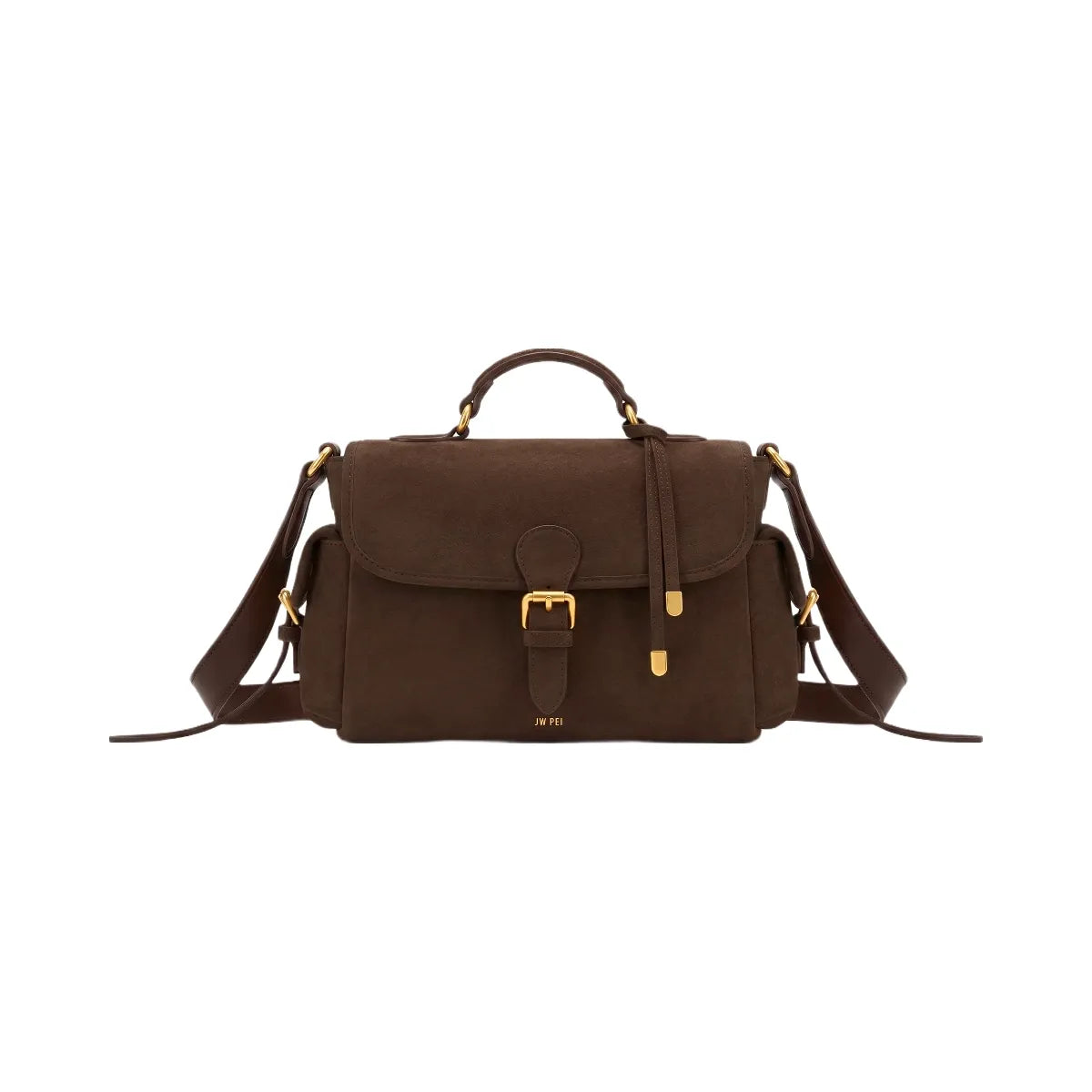 JW PEI Marina Faux Suede Flap Multi Pocket Top Handle Crossbody Bag Dark Brown