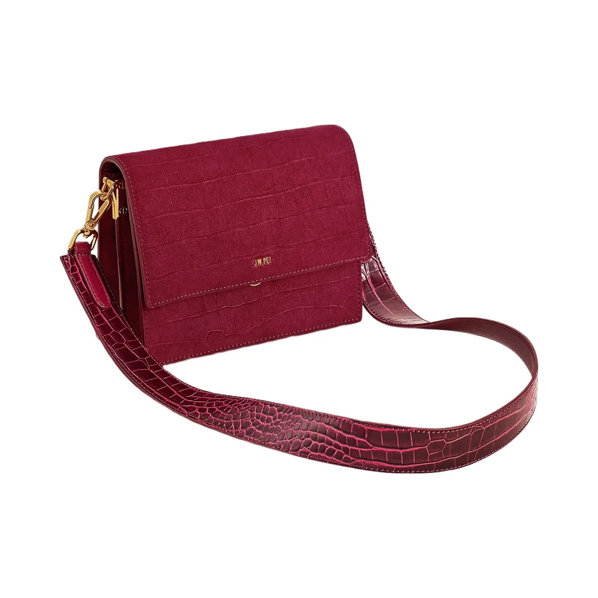 JW PEI Mini Flap Faux Suede Croc Embossed Crossbody Burgundy