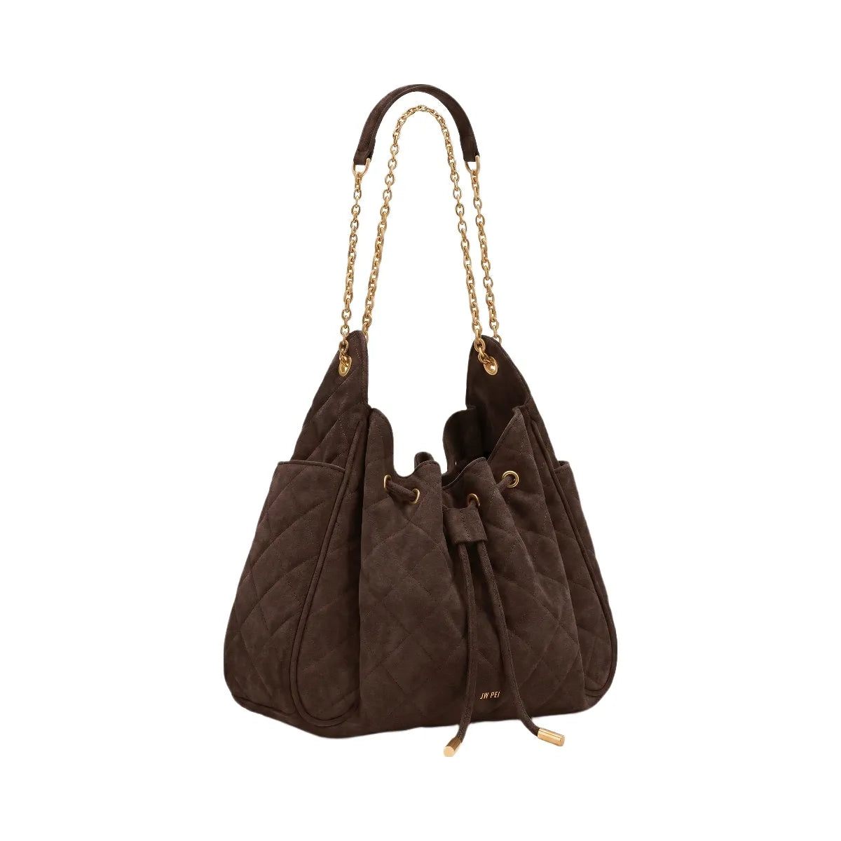 JW PEI Rowan Faux Suede Quilted Chain Bucket Bag Dark Brown