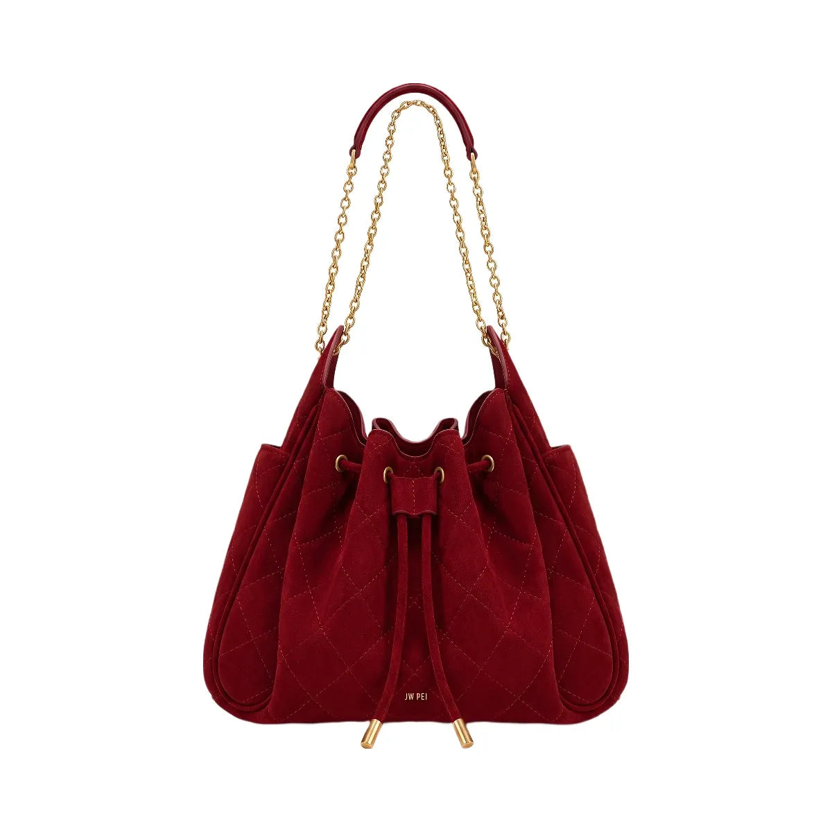 JW PEI Rowan Faux Suede Quilted Chain Bucket Bag Dark Red