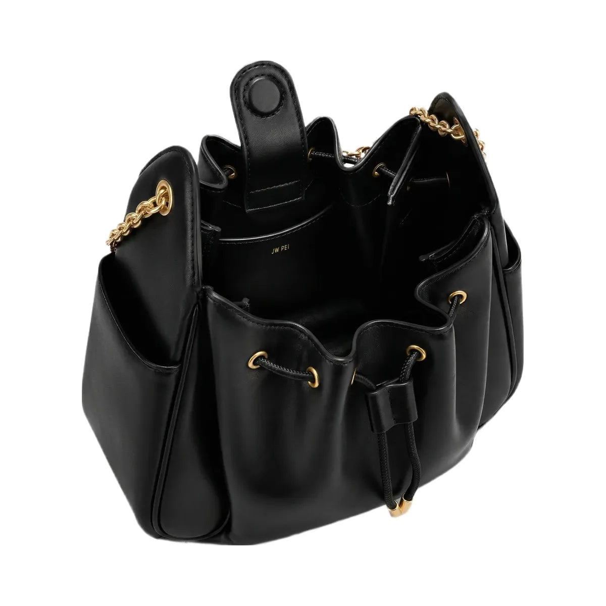 JW PEI Rowan Ruched Drawstring Chain Bucket Bag Black