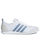 White sneaker with blue stripes on a white background