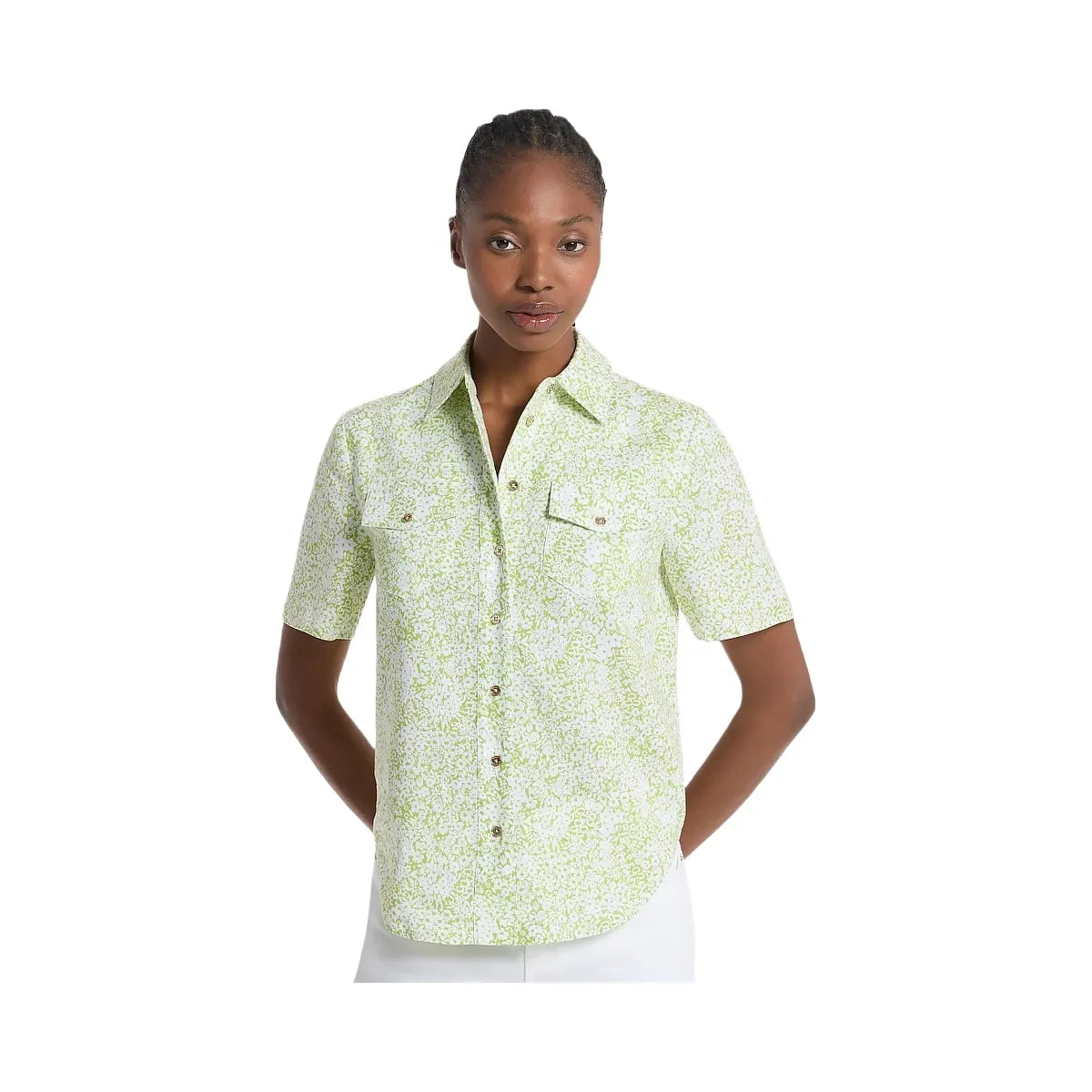 Michael Kors Floral Print Linen Blend Camp Shirt Lime