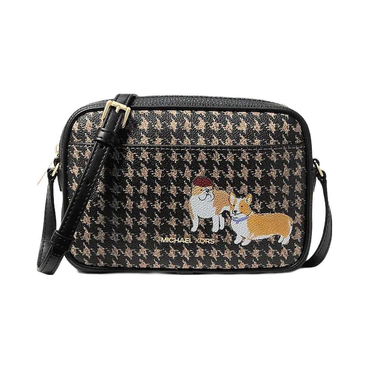 Michael Kors Jet Set Travel Small Houndstooth Print Camera Crossbody Bag Black/Camel