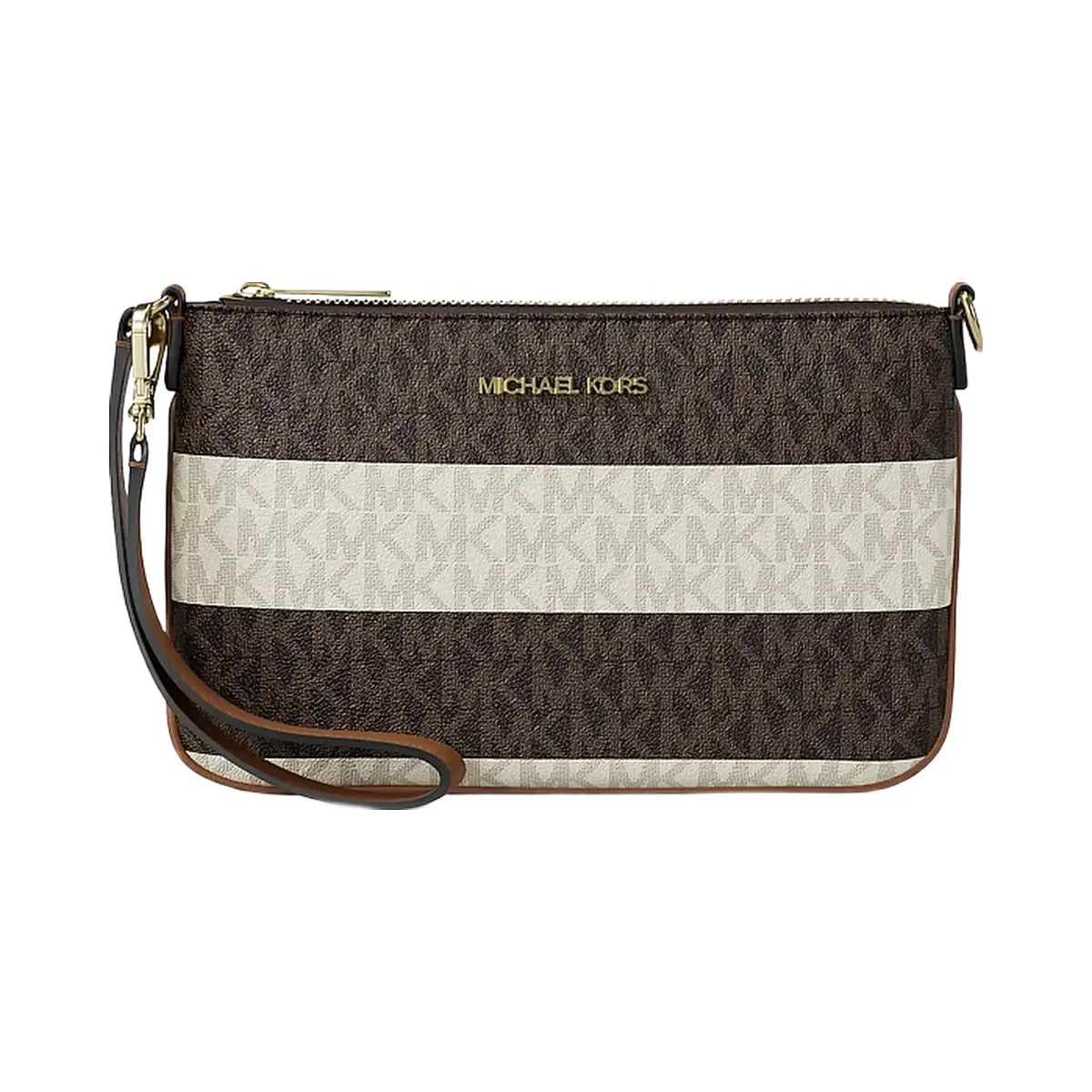 Michael Kors Jet Set Travel Small Striped Signature Logo Convertible Wristlet Vanilla/Luggage