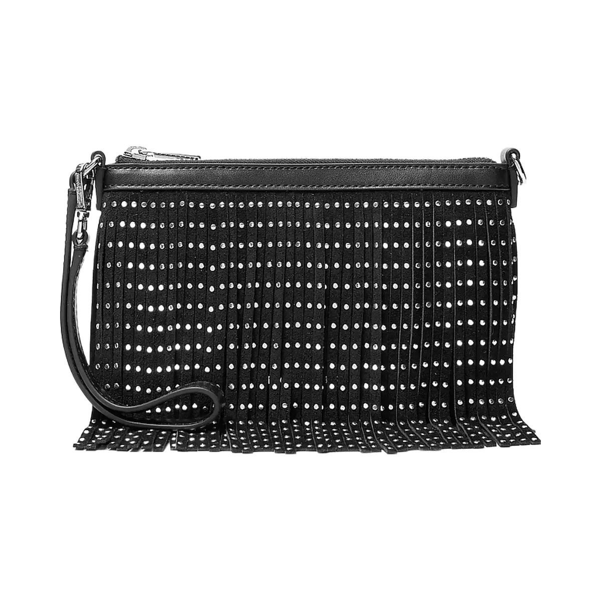 Michael Kors Jet Set Travel Small Studded Fringed Polyester Microsuede Wristlet Black
