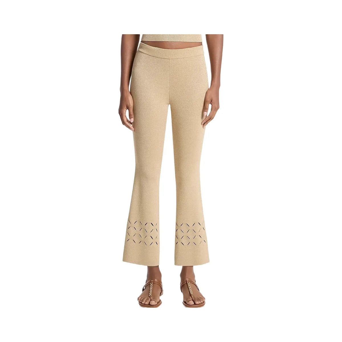 Michael Kors Laser Cut Metallic Stretch Knit Cropped Pants Gold