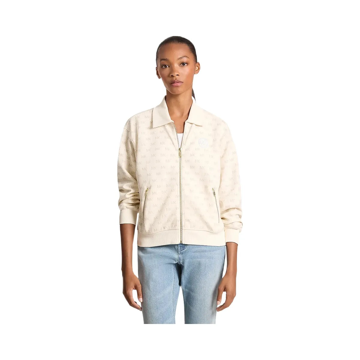 Michael Kors Logo Cotton Blend Zip-Up Jacket Bone