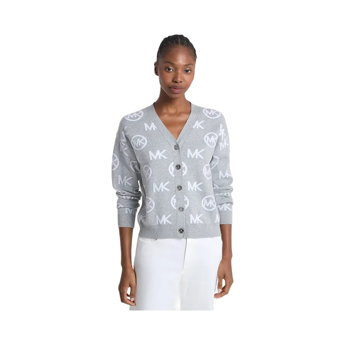 Michael Kors Logo Jacquard Cotton Blend Cardigan Pearl Grey