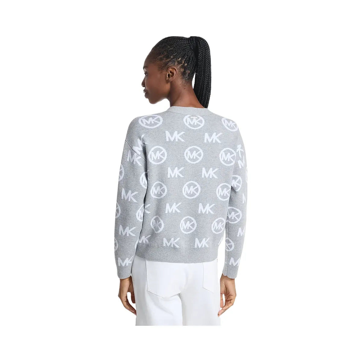 Michael Kors Logo Jacquard Cotton Blend Cardigan Pearl Grey
