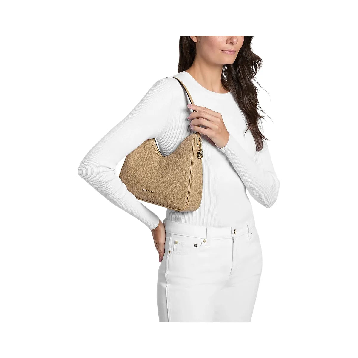 Michael Kors Nayla Small Signature Logo Hobo Shoulder Bag Camel