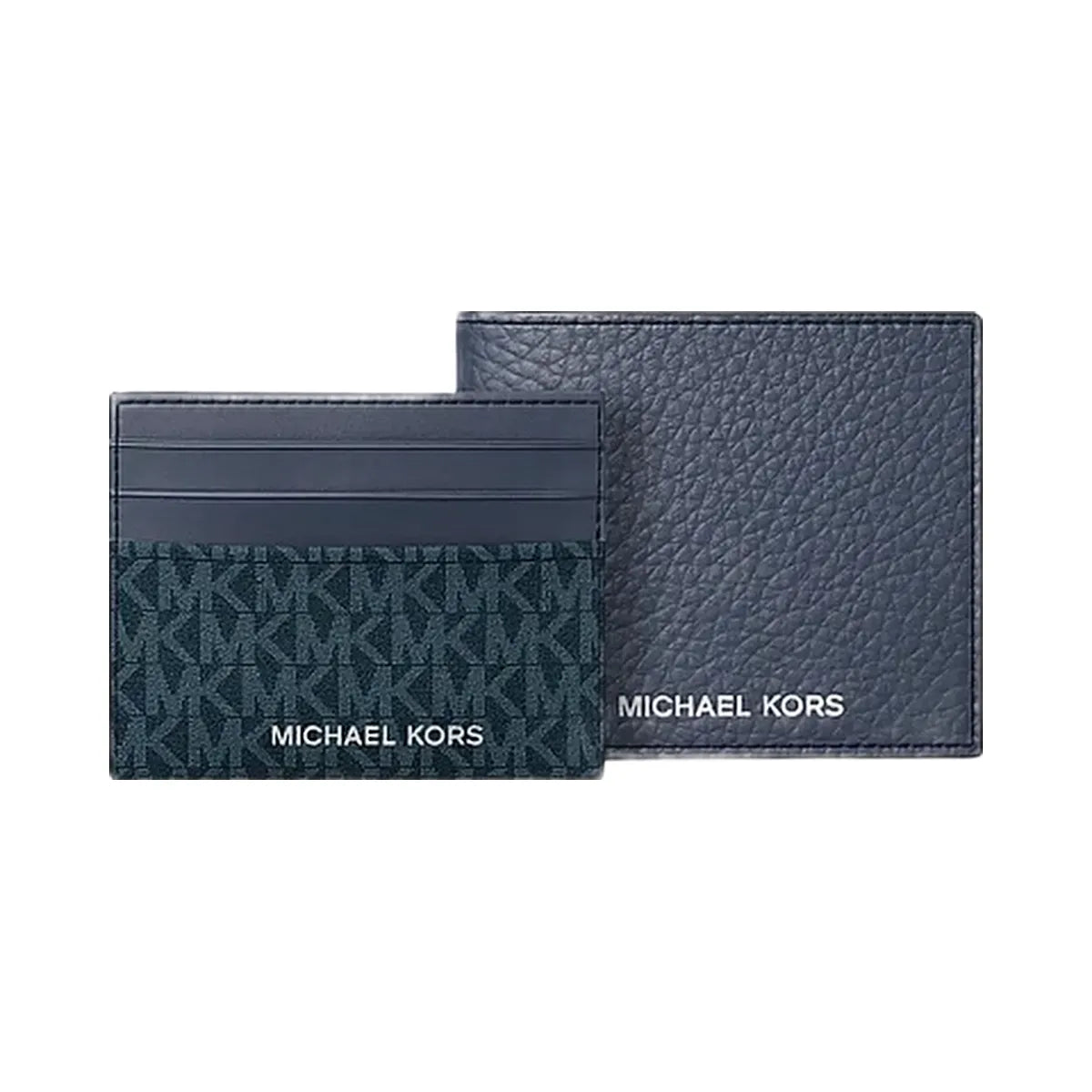 Michael Kors Pebbled Leather Billfold Wallet and Signature Logo Card Case Gift Set Navy