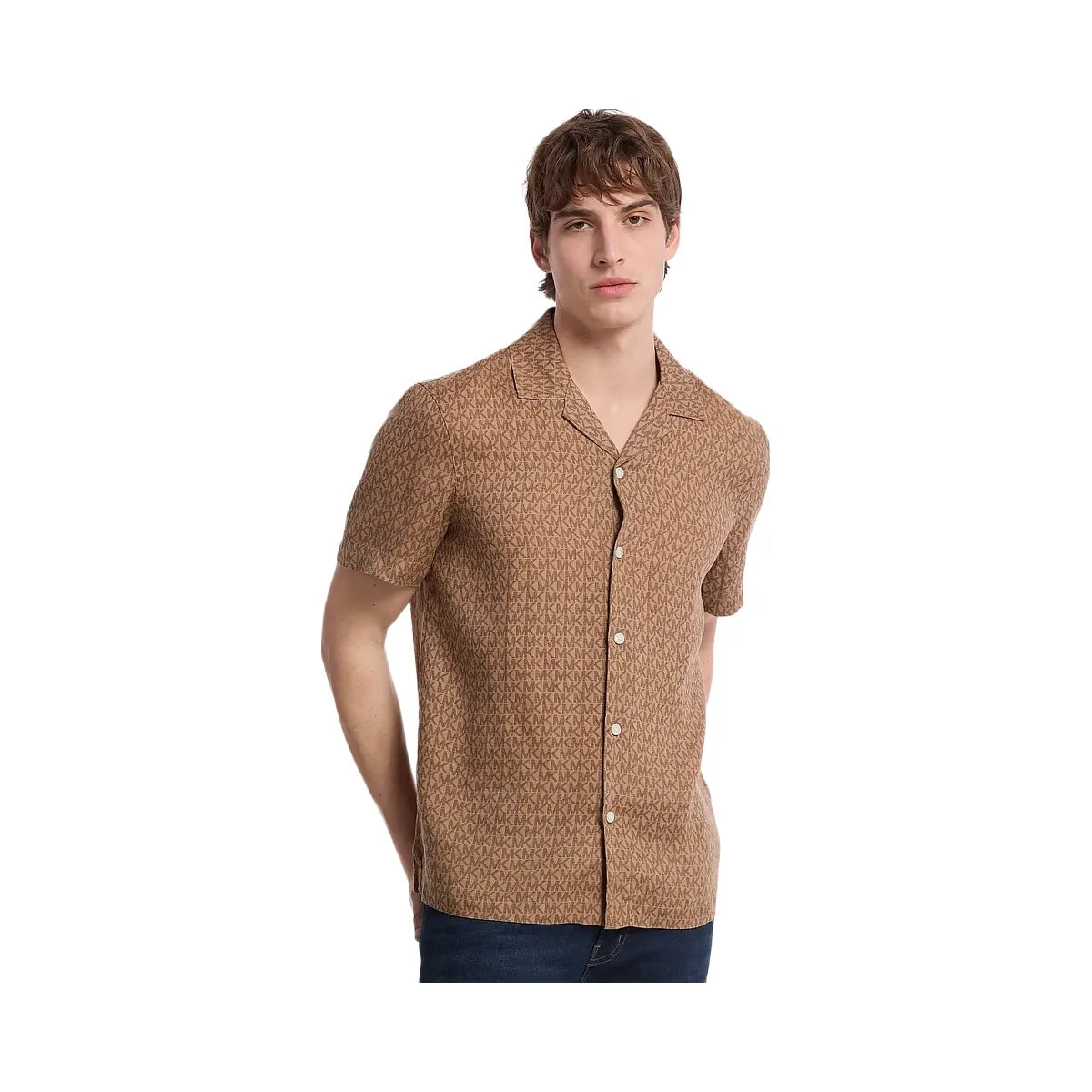Michael Kors Signature Logo Linen Camp Shirt Acc Camel