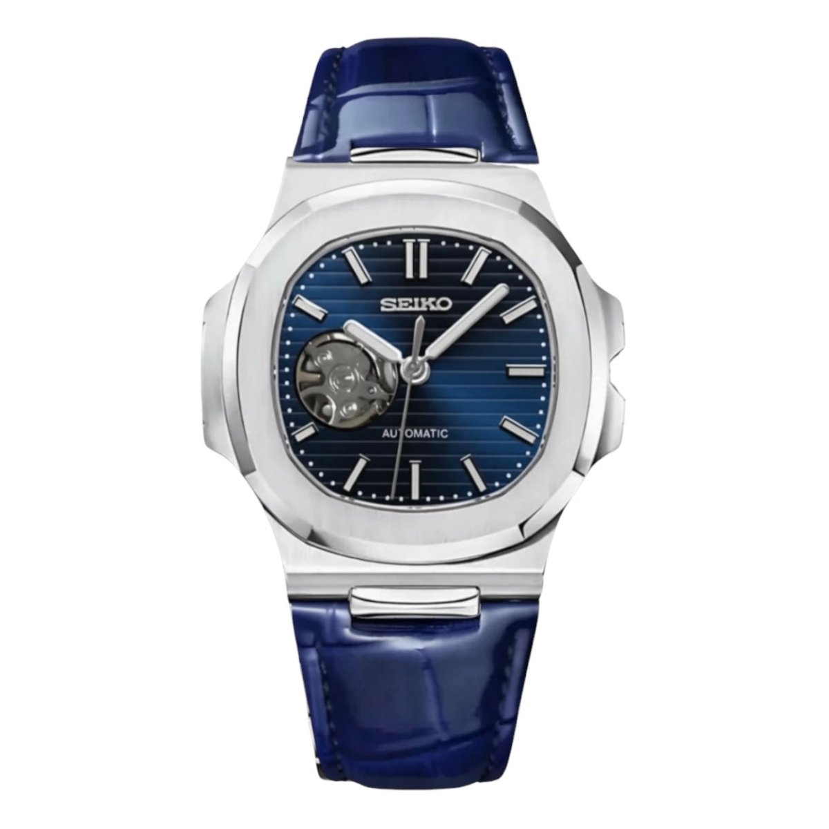 Seiko Mod Nautilus Silver Blue Open Heart Leather Strap