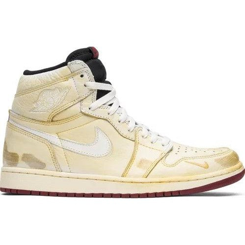 Yellow and white high-top sneaker with red outsole, distinctive paneling, and Nike swoosh logo