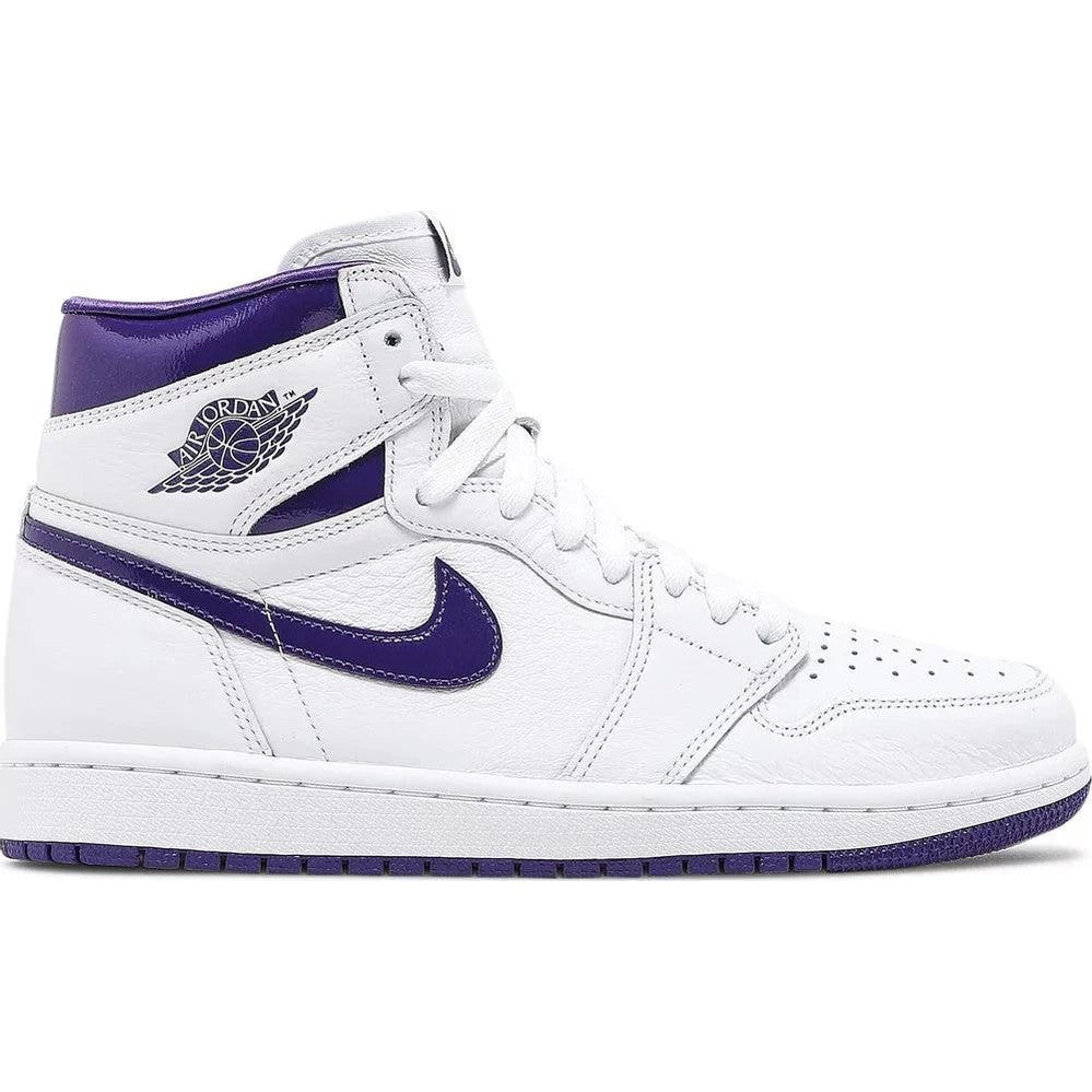 White and purple high-top sneaker with leather upper and perforated toe, side view