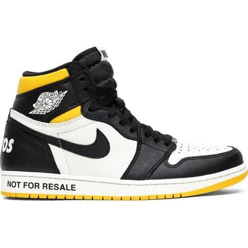 High-top sneaker in black, white, and yellow with 'NOT FOR RESALE' text on sole.