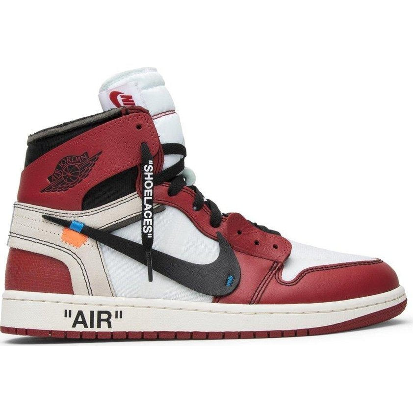 Red, white, and black high-top sneaker with exposed stitching and Off-White design details