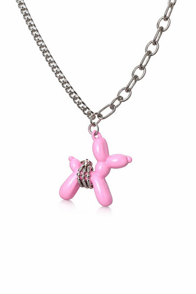 Double Chain Stack Balloon Dog Necklace Pink