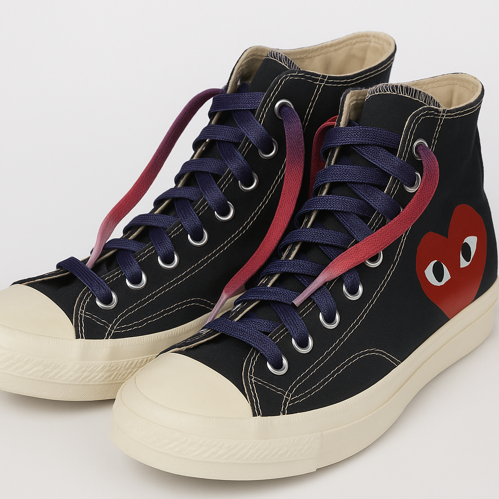 Black High top shoes worn with Red - Purple - Light Pink Gradient shoelaces on the shoe