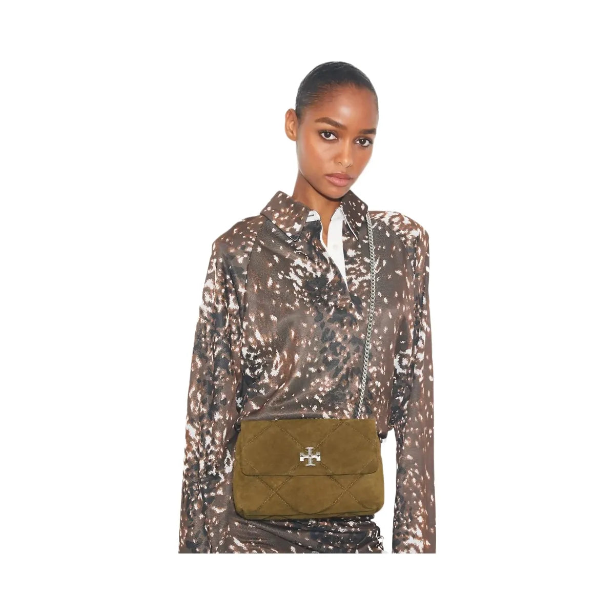 Tory Burch Kira Diamond Quilt Suede Shoulder Bag Deep Olive
