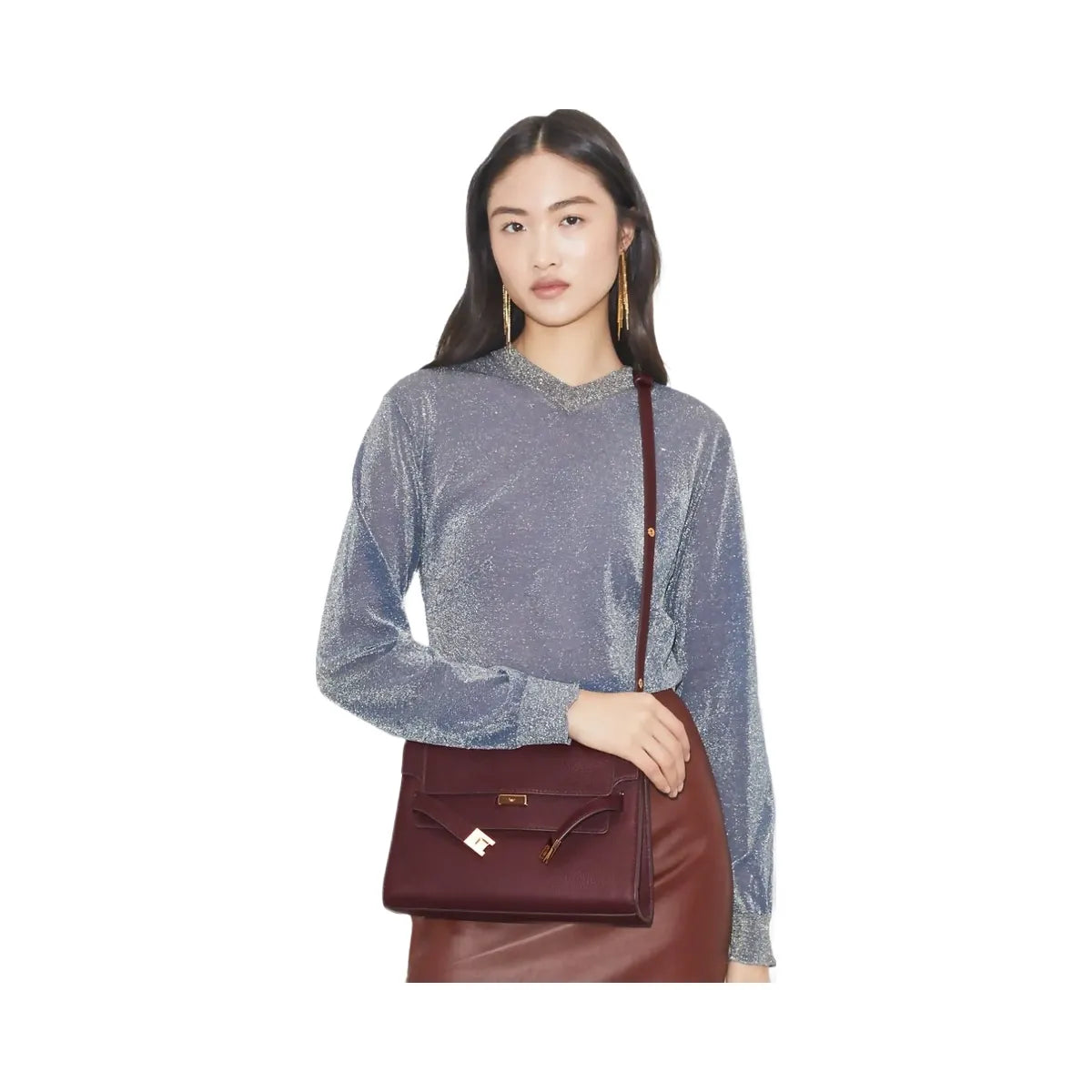 Tory Burch Lee Radziwill Pebbled Shoulder Bag Dark Carmine