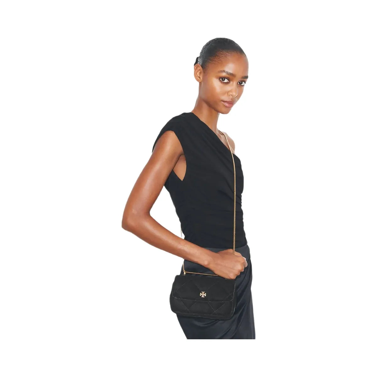 Tory Burch Mini Kira Diamond Quilt Velvet Pav Flap Bag Black