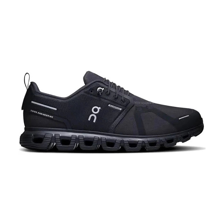 All black waterproof athletic sneaker with mesh upper and cushioned sole, side profile view