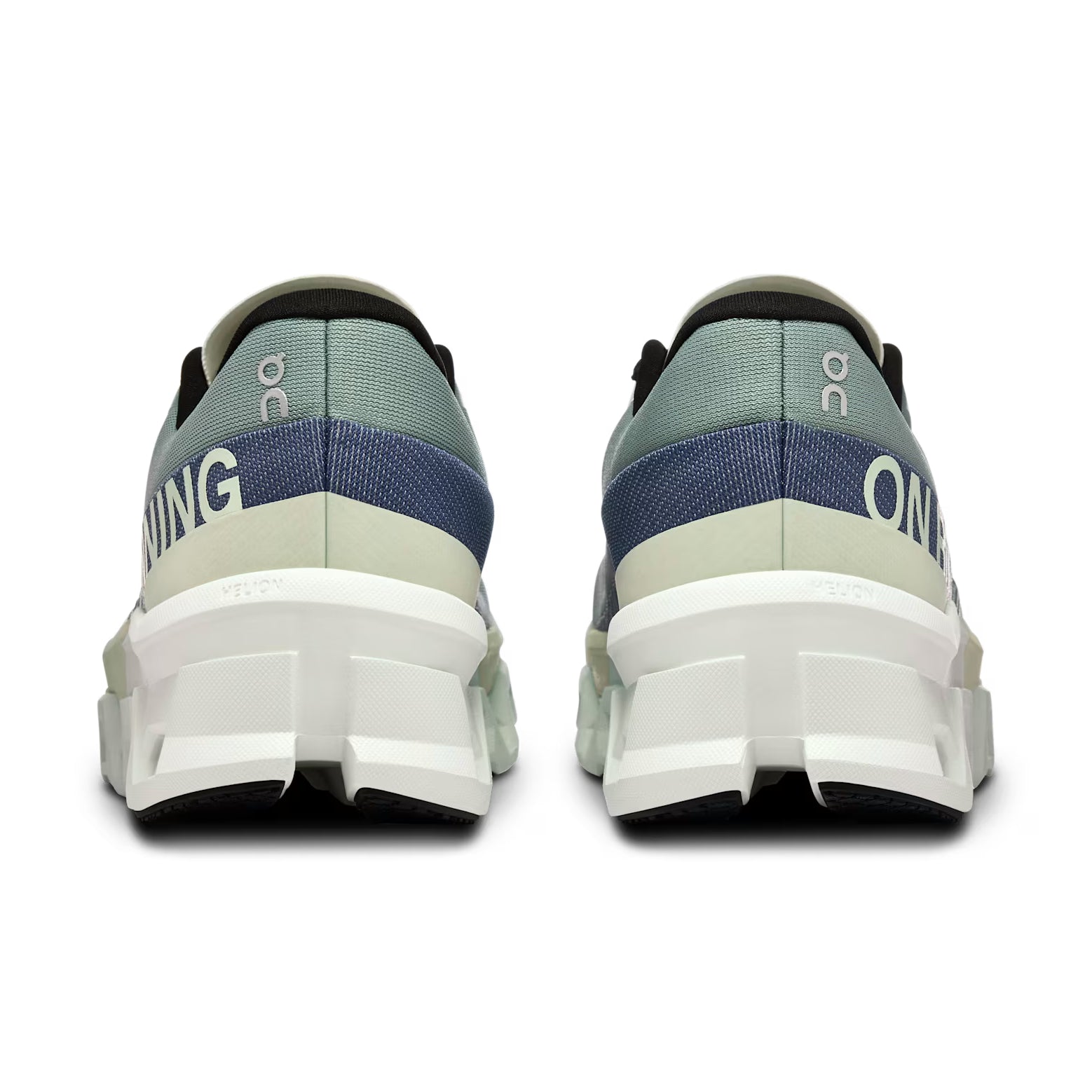 Back view of stylish blue and green chunky sole sneakers featuring 'ON' branding